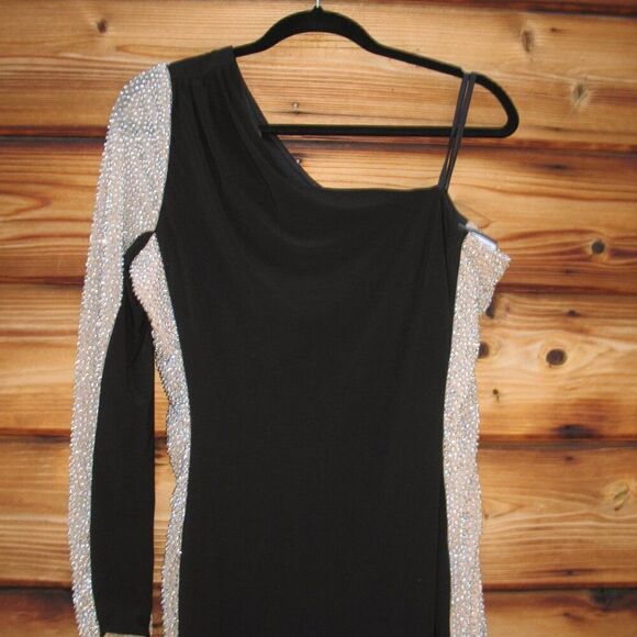 Xscape "DORTHEY"  LONG CAVIAR BEADED JERSEY KNIT ONE SHOULDER LONG SLEEVE DRESS - Picture 7 of 13